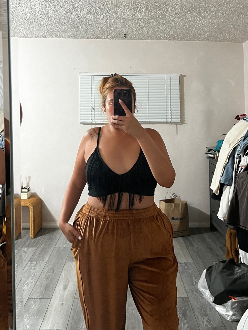 Fringe V-Neck Crop Top - Black